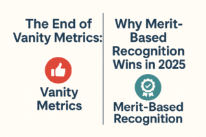 Split-screen infographic comparing vanity metrics to merit-based recognition in professional networking, with icons and bold typography.
