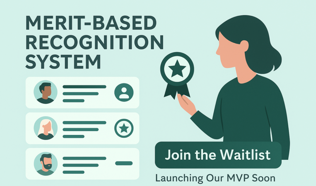 Branded EN.Community graphic showing a woman selecting a merit badge from digital profiles, promoting ethical recognition and waitlist sign-up