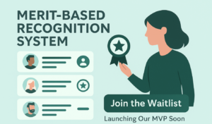 Branded EN.Community graphic showing a woman selecting a merit badge from digital profiles, promoting ethical recognition and waitlist sign-up