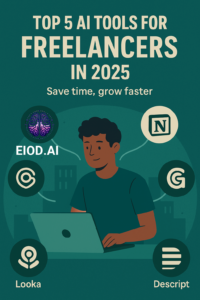 Illustration of a freelancer using a laptop surrounded by five floating AI tool icons including EIOD.AI, Notion, Grammarly, Looka, and Descript with the headline 'Top 5 AI Tools for Freelancers in 2025.
