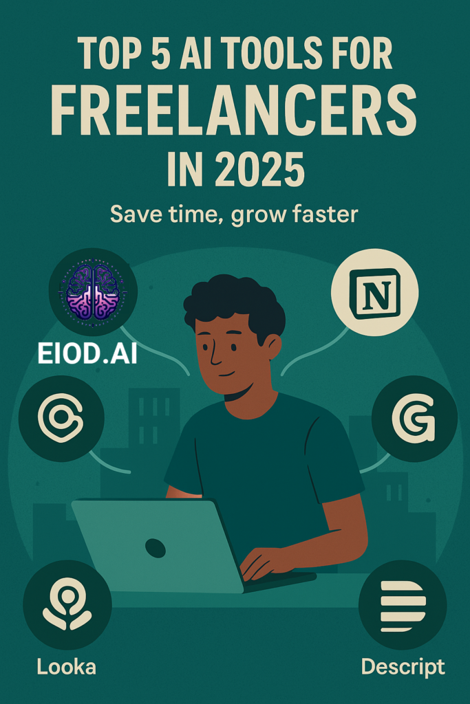 Illustration of a freelancer using a laptop surrounded by five floating AI tool icons including EIOD.AI, Notion, Grammarly, Looka, and Descript with the headline 'Top 5 AI Tools for Freelancers in 2025.