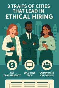 Modern city skyline behind three pillars labeled Pay Transparency, Bias-Free Tech, and Community Validation, highlighting ethical hiring foundations.