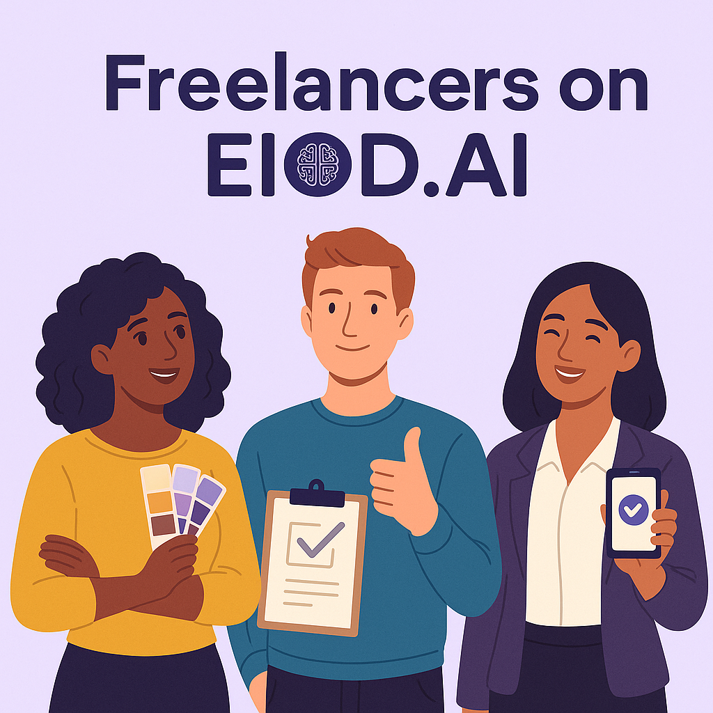 Three diverse freelancers smiling and holding tools representing creativity, organization, and communication, beneath a heading that says 'Freelancers on EIOD.AI.