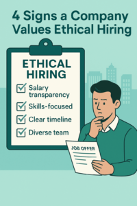 Flat illustration of a professional reviewing a job offer next to a checklist titled 'Ethical Hiring' with points on salary transparency, skills focus, timeline clarity, and team diversity
