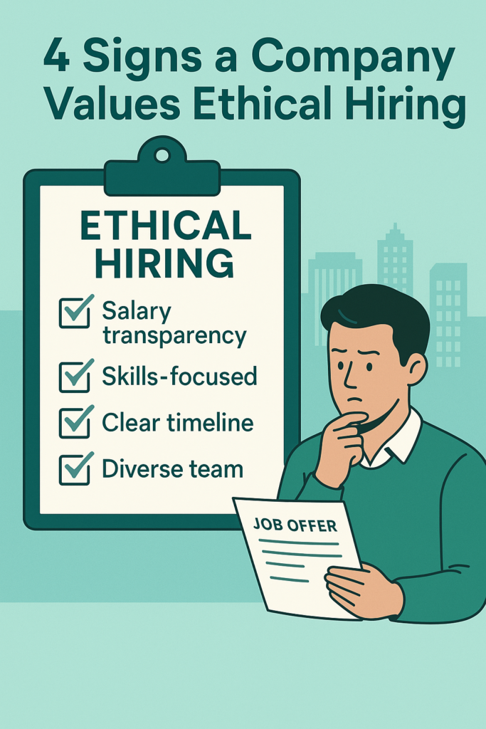 Flat illustration of a professional reviewing a job offer next to a checklist titled 'Ethical Hiring' with points on salary transparency, skills focus, timeline clarity, and team diversity