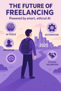 Freelancer walking toward a city skyline labeled '2025' with icons for AI tools, branding, automation, and ethical validation surrounding the path.