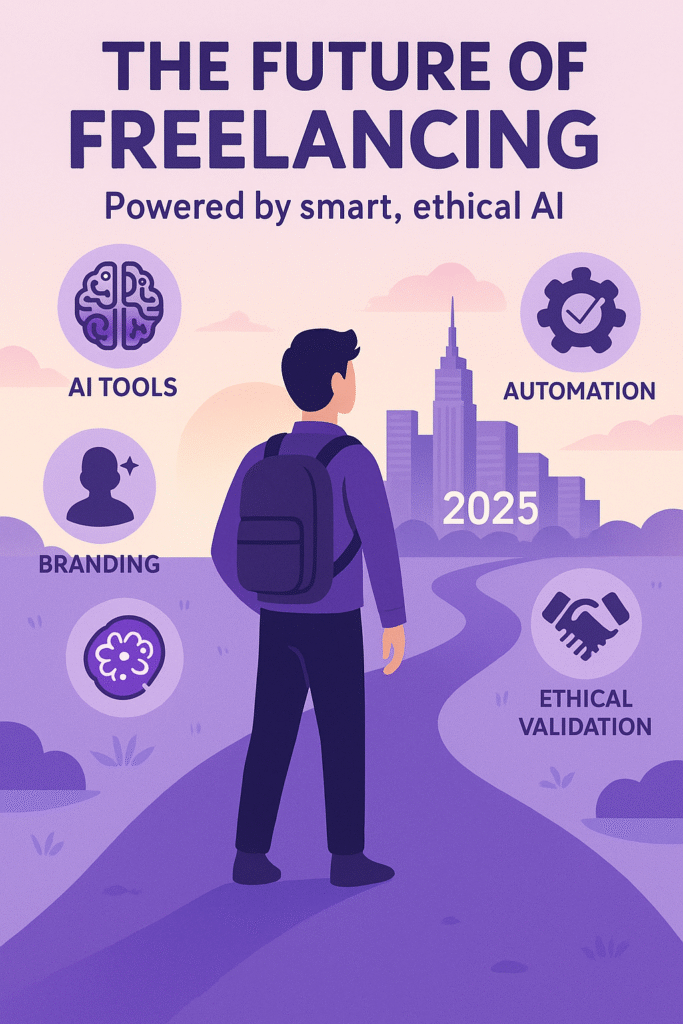 Freelancer walking toward a city skyline labeled '2025' with icons for AI tools, branding, automation, and ethical validation surrounding the path.