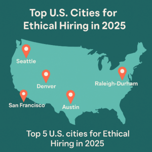 Flat-style map of the United States highlighting Seattle, Denver, Austin, Raleigh-Durham, and San Francisco as leading cities for ethical hiring in 2025.