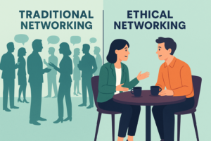 Split illustration comparing a crowded, impersonal networking event with two professionals engaged in meaningful ethical networking over coffee.