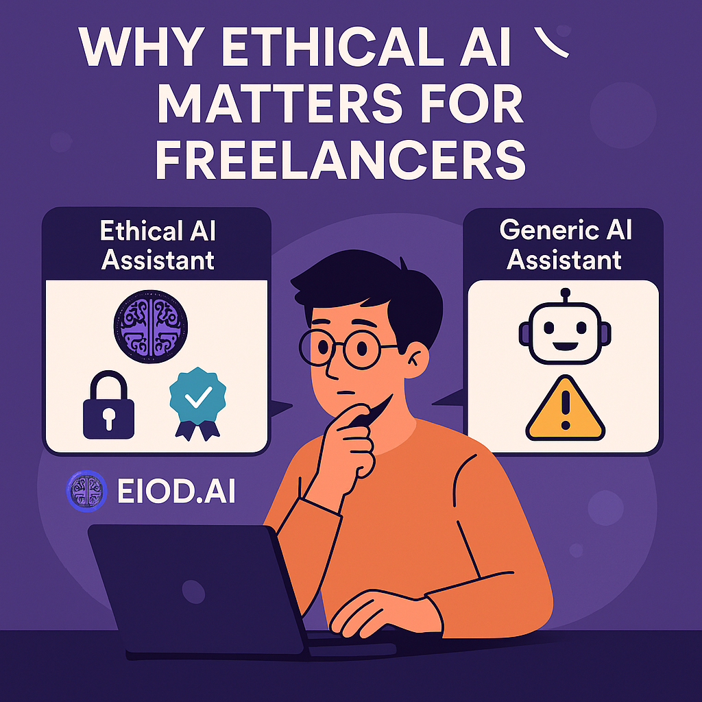 Freelancer comparing two AI assistants: one with a lock and merit badge symbol (ethical), the other with a warning icon (generic), under the title 'Why Ethical AI Matters for Freelancers.